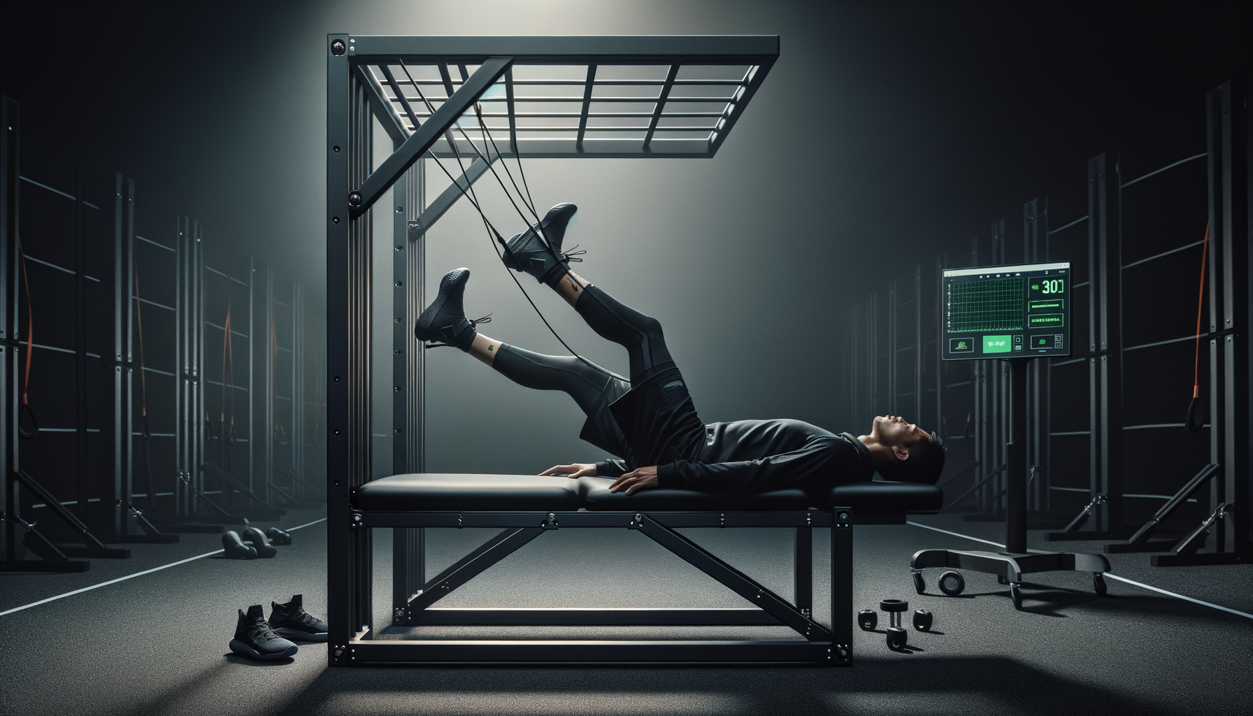 Professional athlete during a cable-assisted hamstring stretch — leg raised by motorized cable, touchscreen displaying live ROM and force data