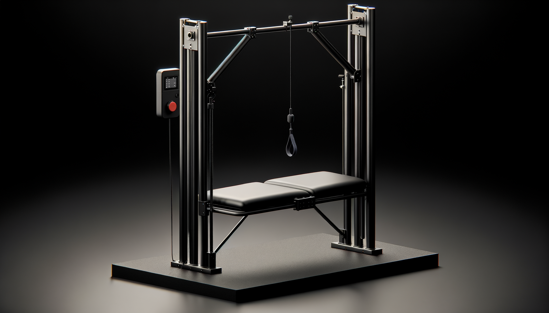 Modulor stretching station — goalpost aluminum frame with padded bench, single cable, motor assembly, depth camera, and touchscreen